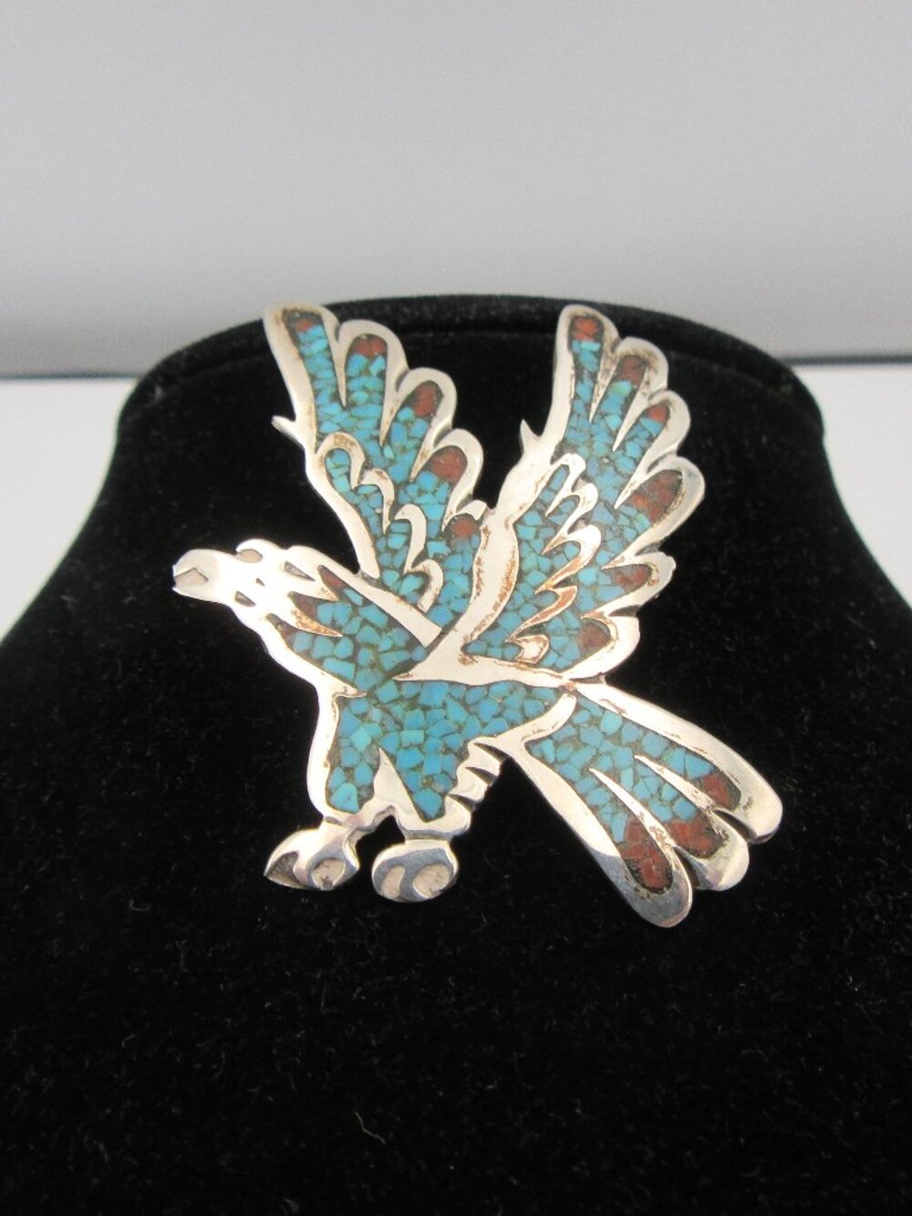 SOUTHWEST SIGNED ARROW C Singer STERLING TURQUOISE/CORAL EAGLE PIN/PENDANT
